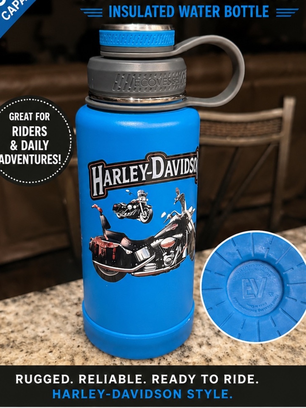 Harley-Davidson Blue Stainless Travel Bottle with Motorcycle Graphic
